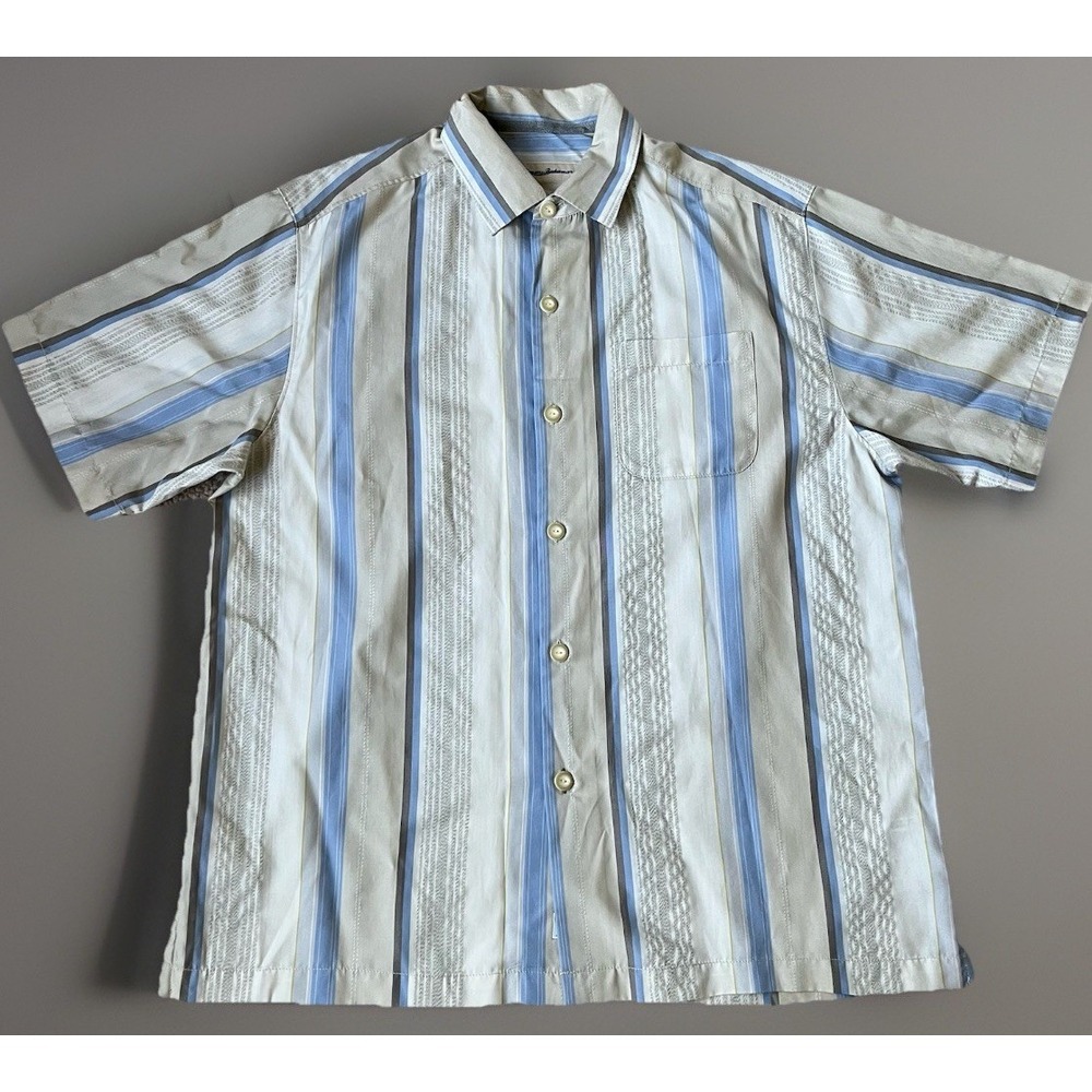 Tommy Bahama Striped Shirt Men's M Silk And Tencel Blend Blue Tan Short Sleeve